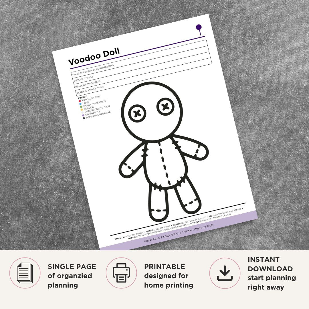 Printable Voodoo Doll worksheet with pin color key intention prompts and spell planning notes
