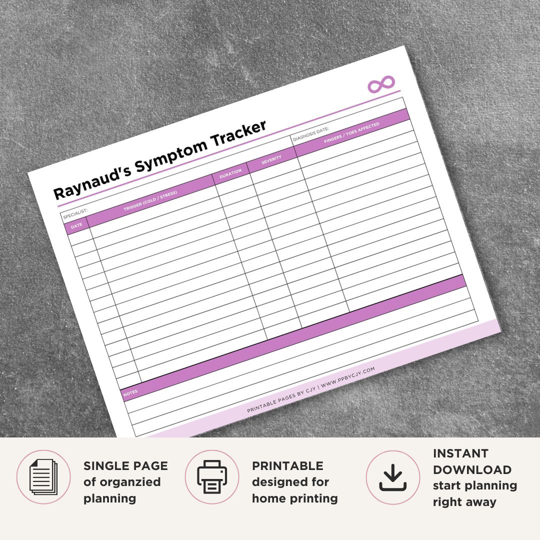 Raynaud's Symptom Tracker Printable Circulation Episode Log symptom tracker page
