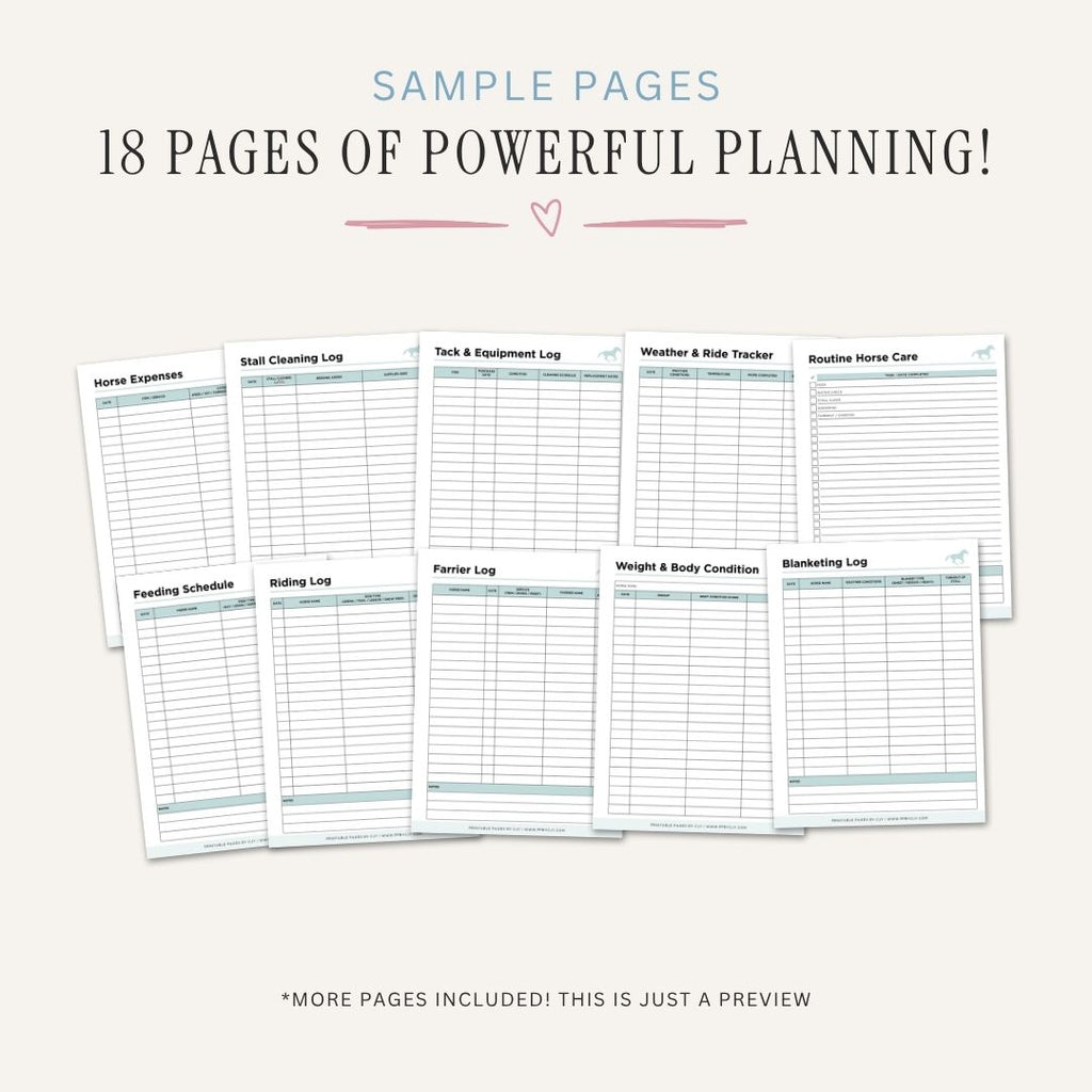 Horse Care Planner printable equine health and stable organizer bundle for horse management and care tracking
 sample pages