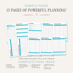 Aquarium and Fish Planner printable aquatic tank care bundle for fish tank maintenance and aquarium tracking
sample pages 