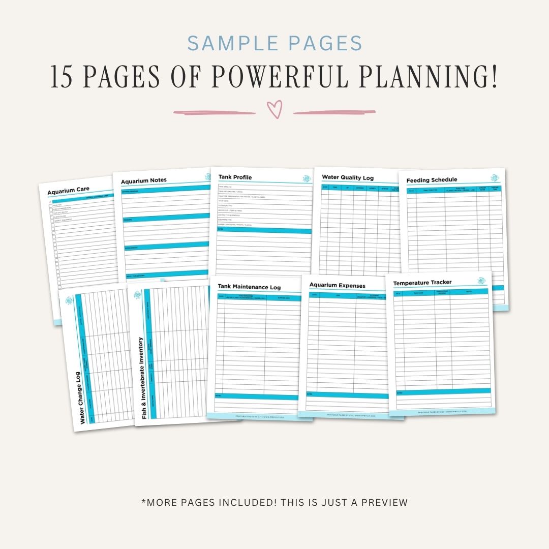 Aquarium and Fish Planner printable aquatic tank care bundle for fish tank maintenance and aquarium tracking
sample pages 