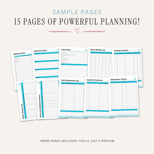 Aquarium and Fish Planner printable aquatic tank care bundle for fish tank maintenance and aquarium tracking
sample pages 