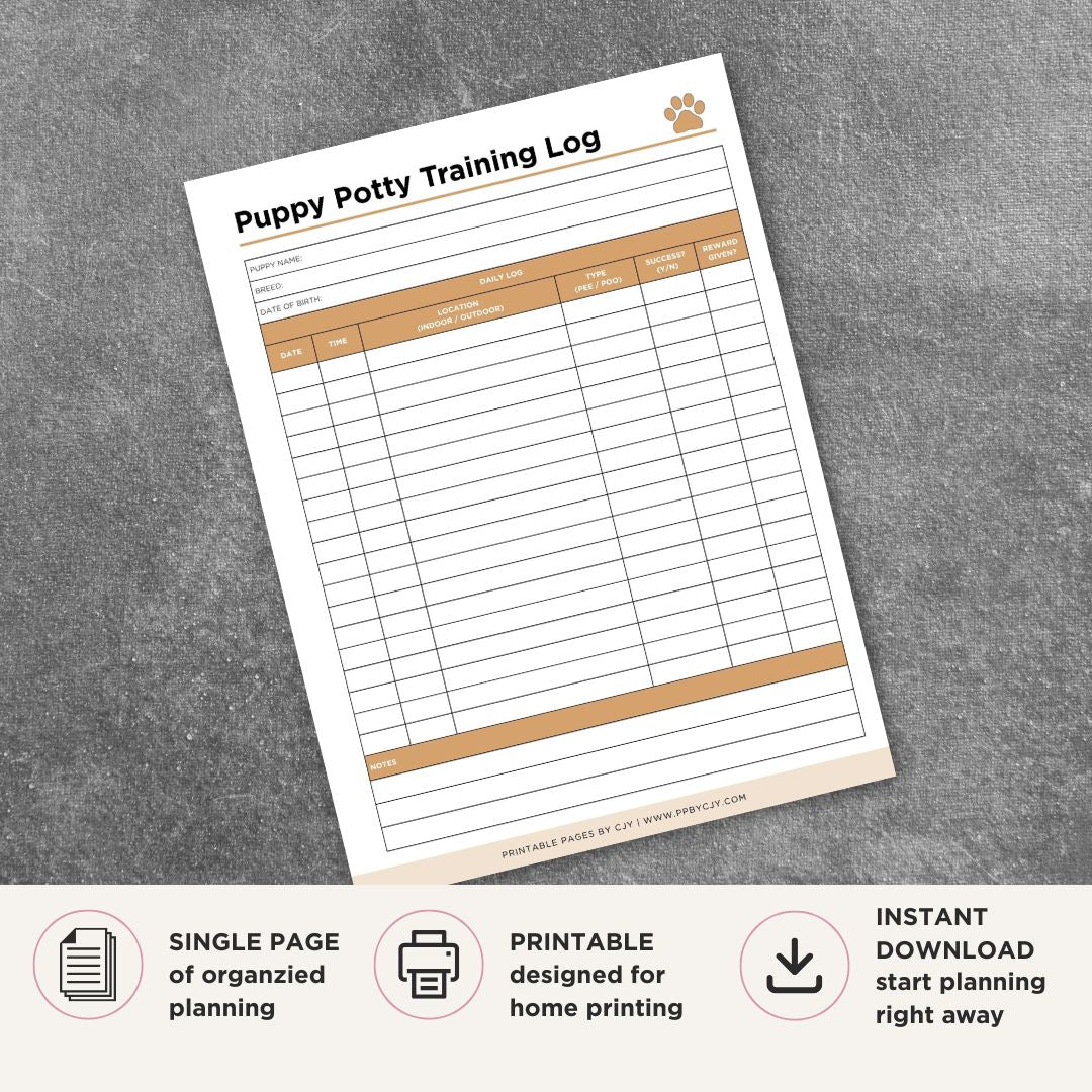 Puppy Potty Training Log printable pet progress tracker for puppy bathroom schedules and training routines
