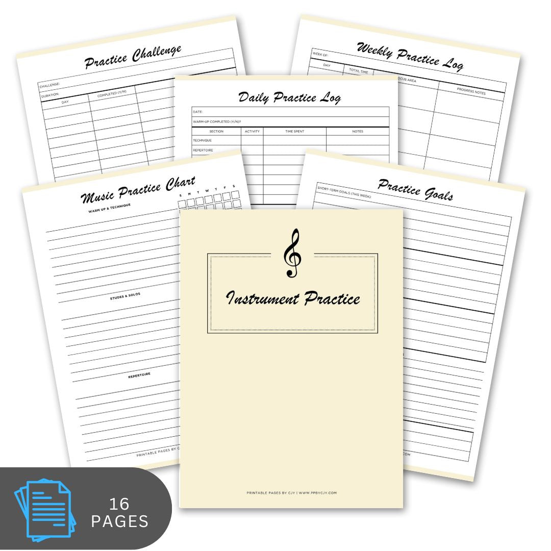 Set of music practice sheets with a cover on a white background