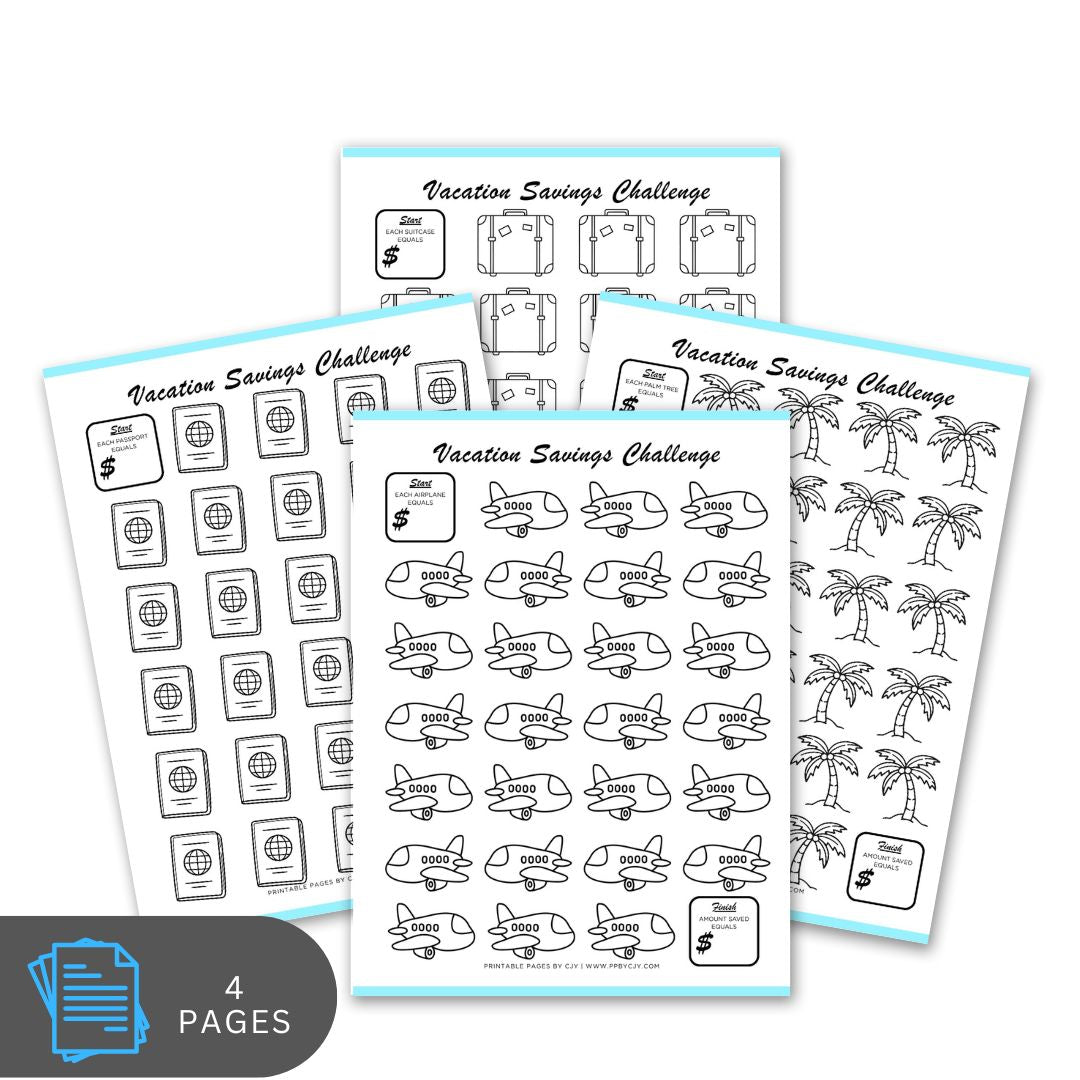Vacation Savings Challenge planner stickers with airplane, passport, and palm tree designs on a white background.