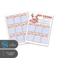 Two sheets of paper with 'Happy Holidays' and 'Hot Cocoa' themed forms on a white background.