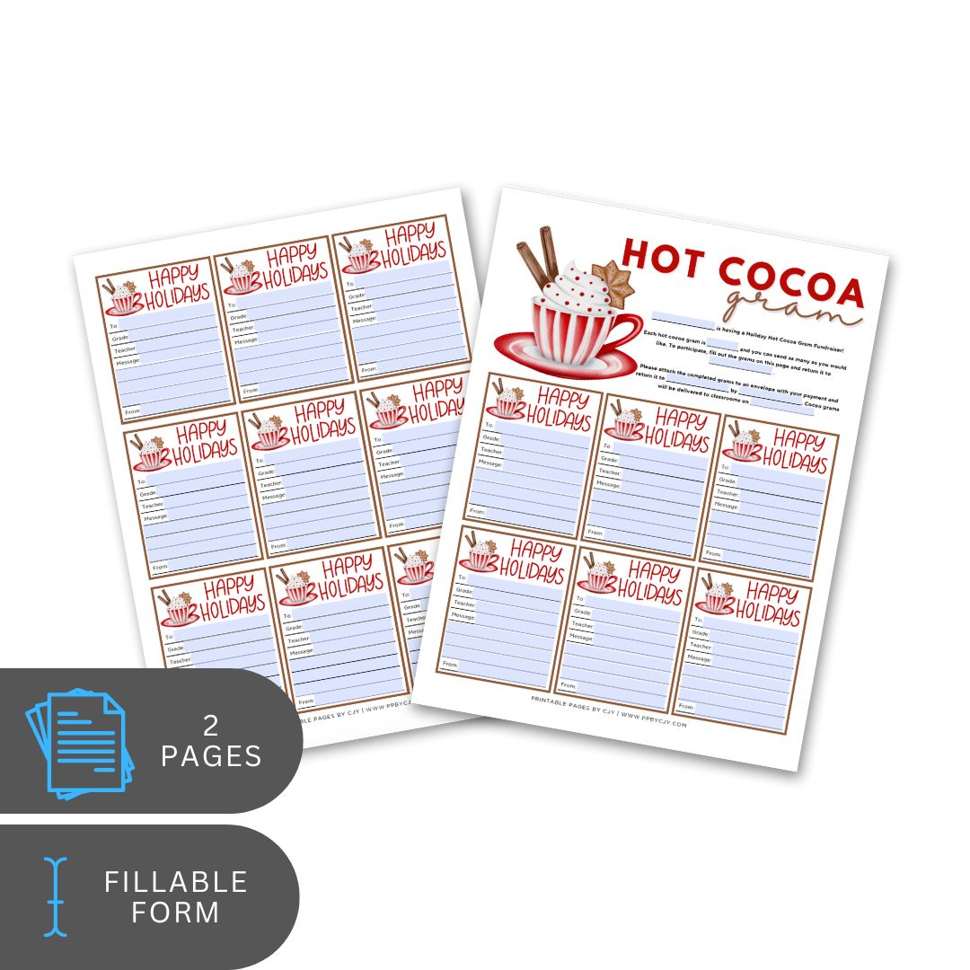 Two sheets of paper with 'Happy Holidays' and 'Hot Cocoa' themed forms on a white background.