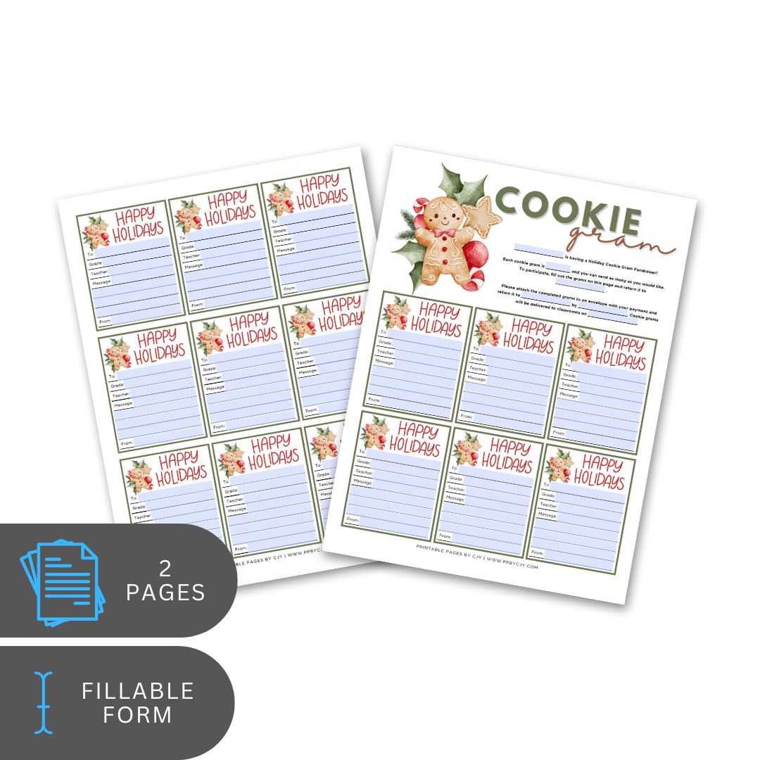 Two printed pages with 'Happy Holidays' and 'Cookie' forms on a white background.