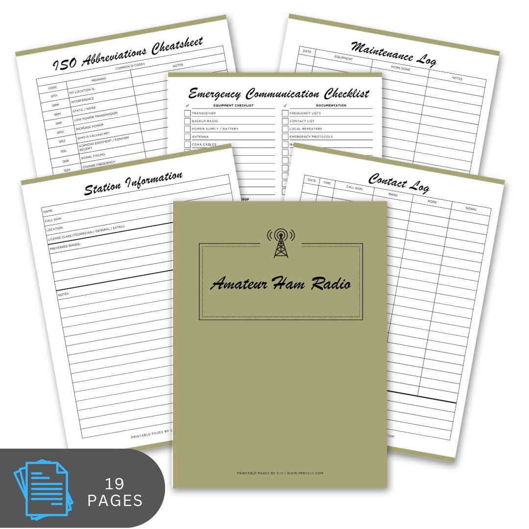Set of amateur ham radio log books with various forms on a white background