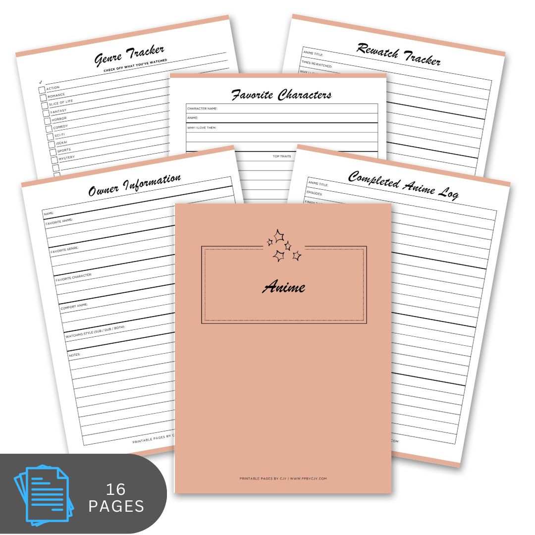 Anime-themed planner with various tracking pages on a white background