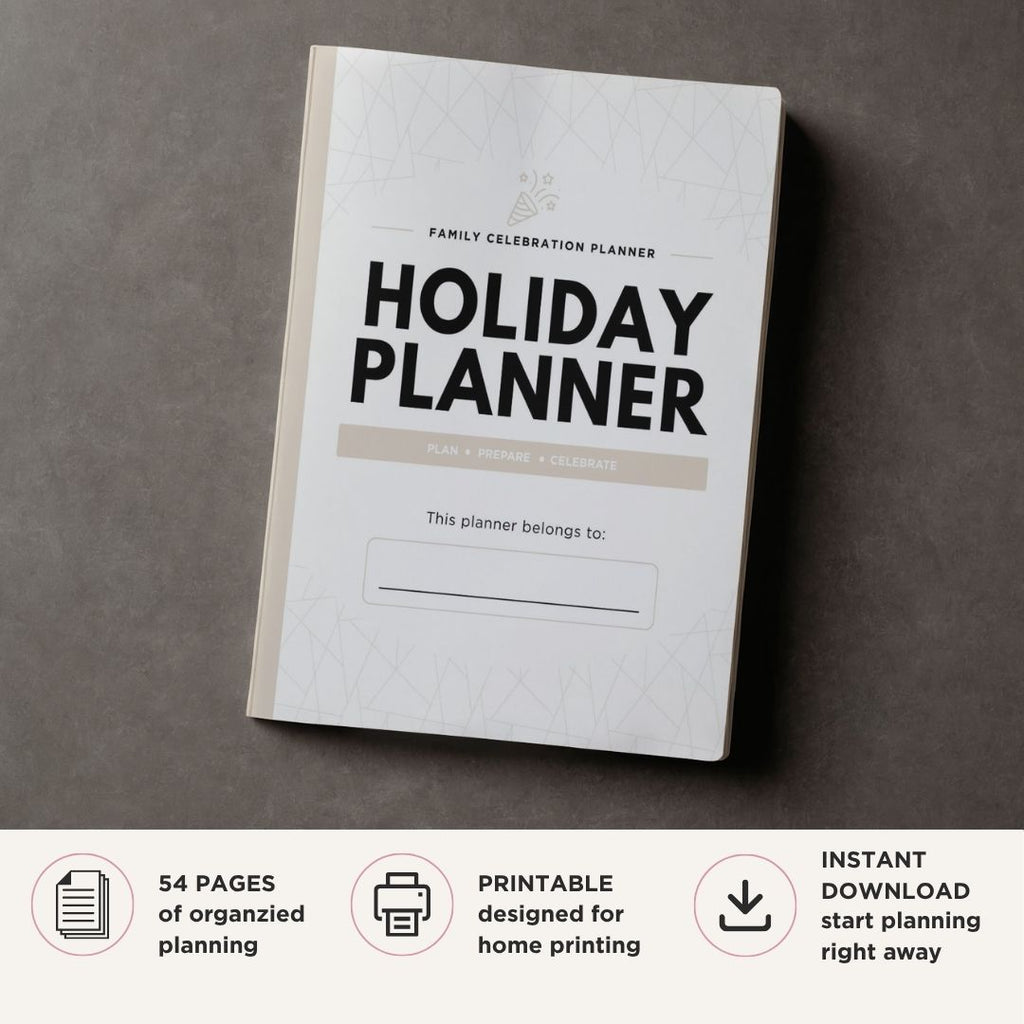 Holiday Planner featuring holiday calendars, budgeting, gift planning, meal organization, event planning, shopping lists, decorations, traditions, travel planning, and celebration management pages.