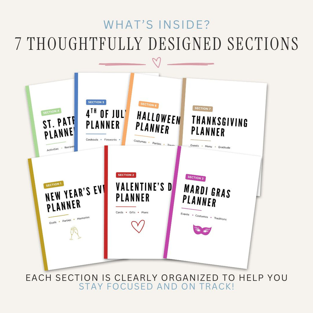 Holiday Planner featuring holiday calendars, budgeting, gift planning, meal organization, event planning, shopping lists, decorations, traditions, travel planning, and celebration management pages.