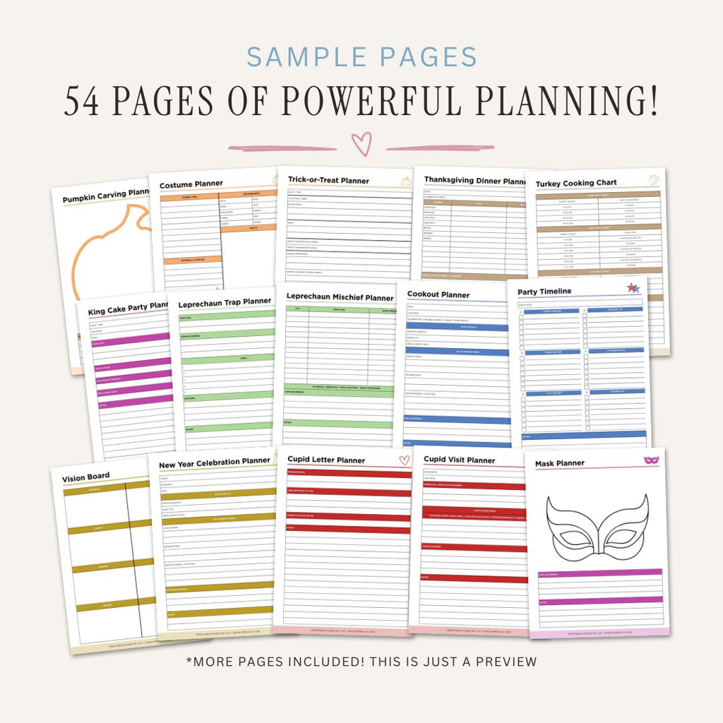 Holiday Planner featuring holiday calendars, budgeting, gift planning, meal organization, event planning, shopping lists, decorations, traditions, travel planning, and celebration management pages.