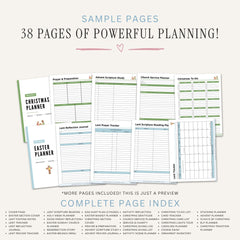 Printable Faith-Focused Holiday Planner featuring Christmas planning, Easter organization, Advent preparation, church events, family traditions, holiday meals, gifts, and faith-centered celebration planning pages.