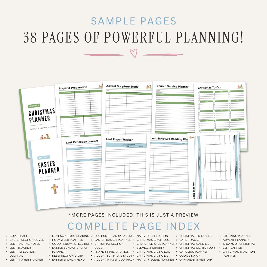 Printable Faith-Focused Holiday Planner featuring Christmas planning, Easter organization, Advent preparation, church events, family traditions, holiday meals, gifts, and faith-centered celebration planning pages.
