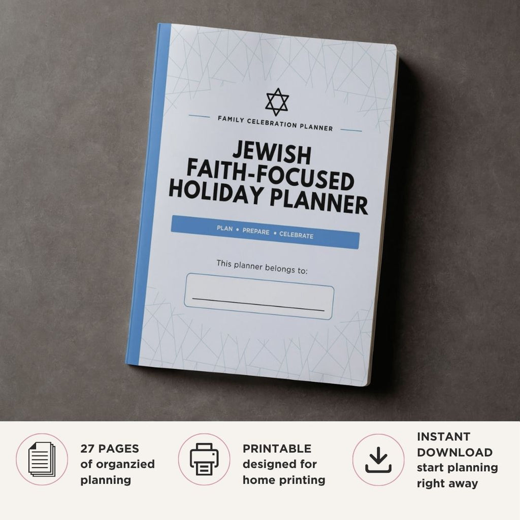 Printable Jewish Holiday Planner featuring Shabbat planning, holiday information, meal planning, family traditions, celebration organization, event planning, and faith-focused holiday management pages.