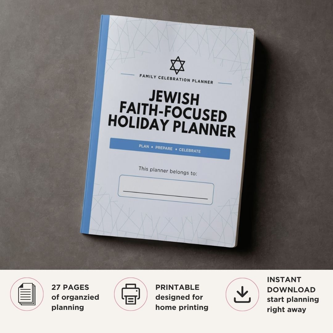 Printable Jewish Holiday Planner featuring Shabbat planning, holiday information, meal planning, family traditions, celebration organization, event planning, and faith-focused holiday management pages.