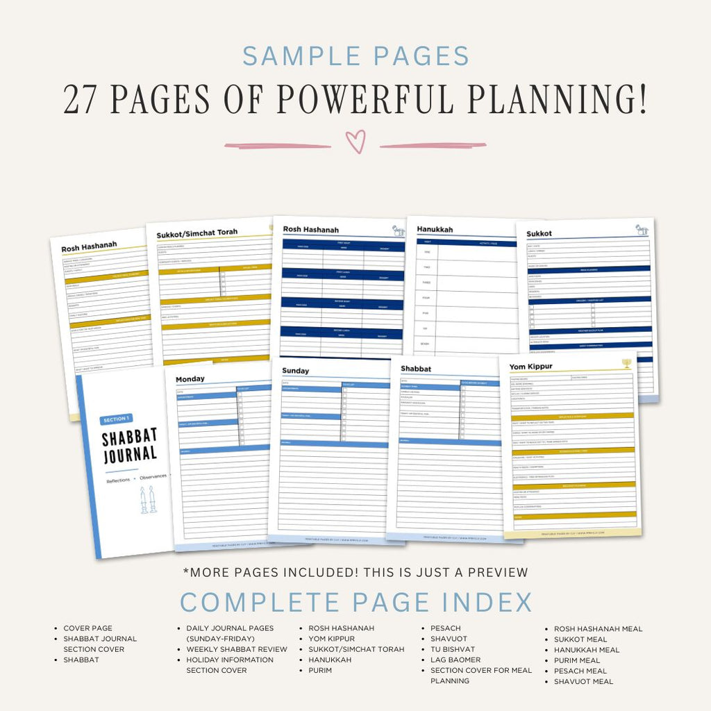 Printable Jewish Holiday Planner featuring Shabbat planning, holiday information, meal planning, family traditions, celebration organization, event planning, and faith-focused holiday management pages.