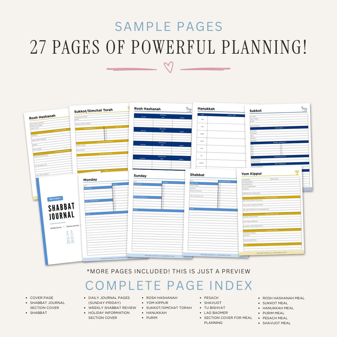 Printable Jewish Holiday Planner featuring Shabbat planning, holiday information, meal planning, family traditions, celebration organization, event planning, and faith-focused holiday management pages.