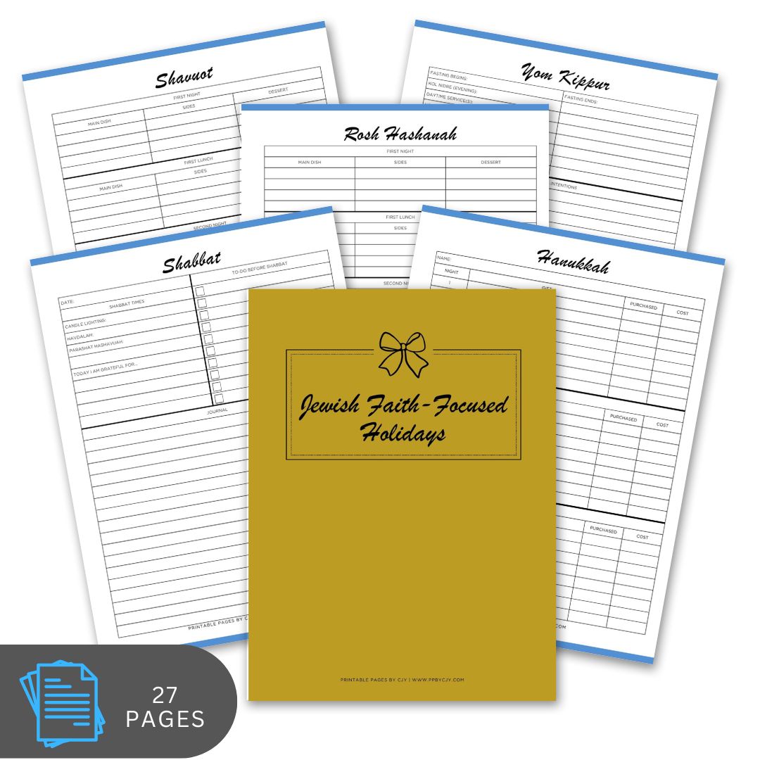 Notebook with Jewish holidays planner pages and a yellow cover on a white background.