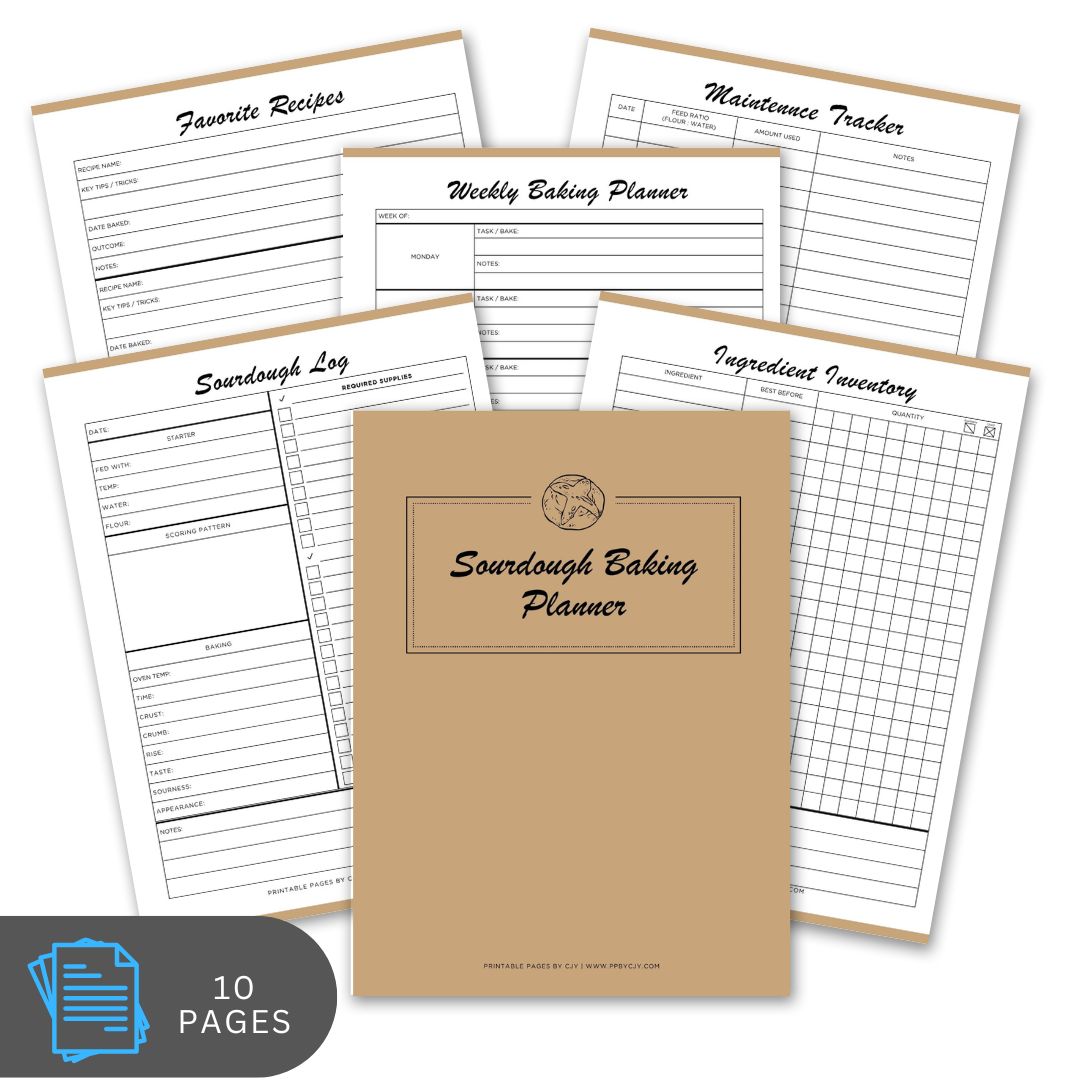 Sourdough baking planner with various pages on a white background
