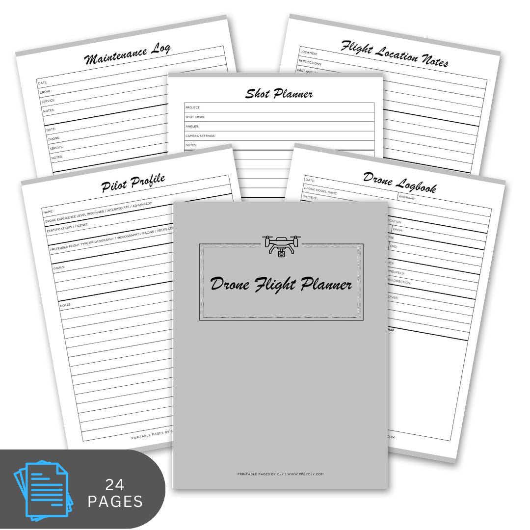 Set of drone flight planner pages with a gray cover on a white background
