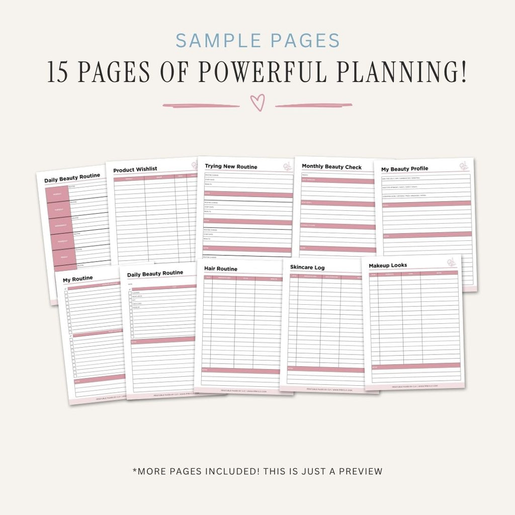 Beauty Routine Planner printable skincare and self care routine bundle for beauty habit and product tracking

