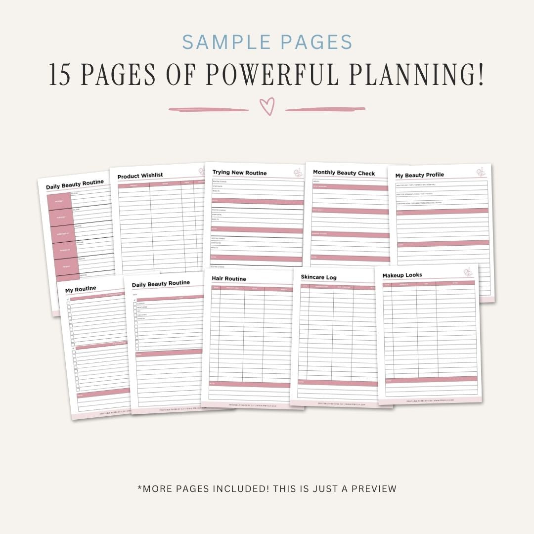 Beauty Routine Planner printable skincare and self care routine bundle for beauty habit and product tracking

