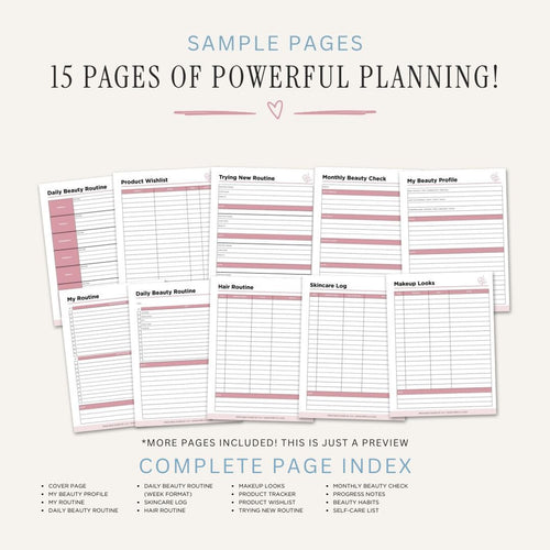 Beauty Routine Planner printable skincare and self care routine bundle for beauty habit and product tracking
