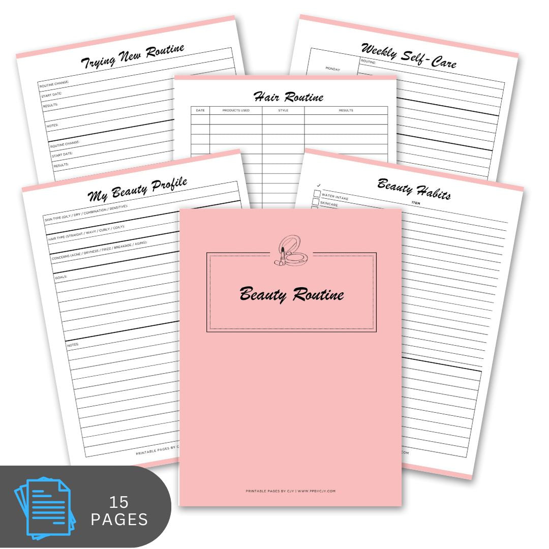 Pink beauty routine planner with various pages on a white background