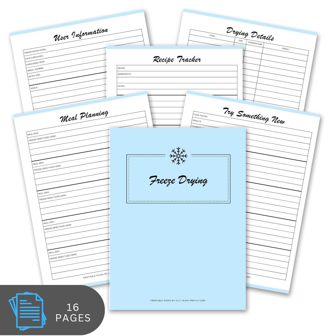 Freeze drying planner with various pages on a white background