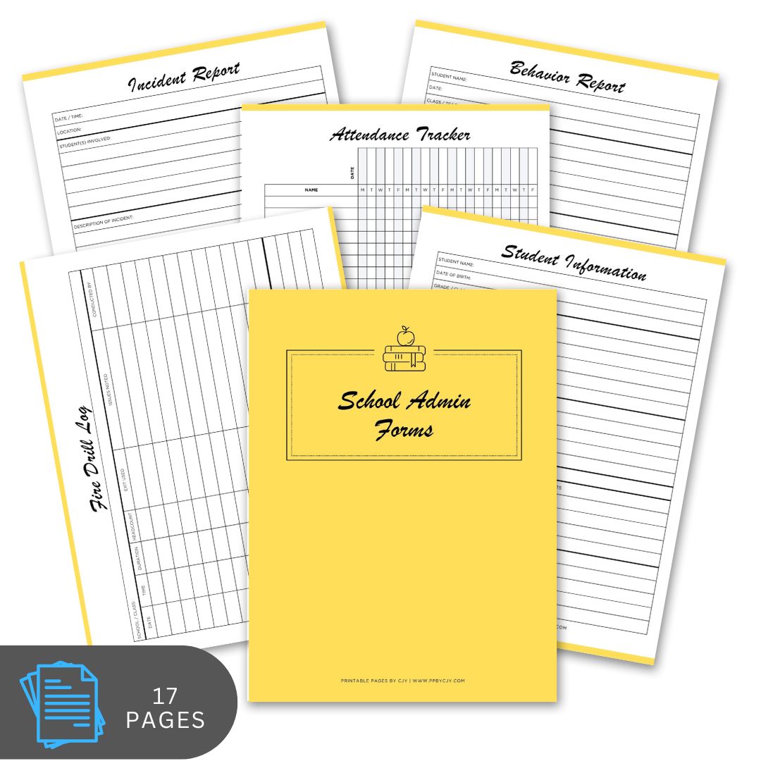 Collection of school administrative forms with a yellow cover on a white background