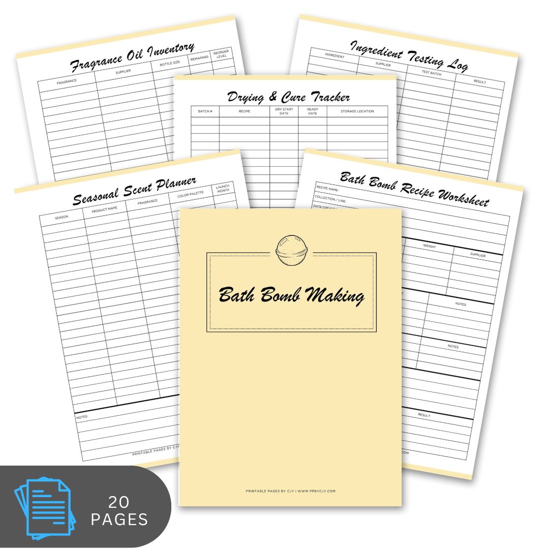 Set of bath bomb making worksheets with a yellow cover on a white background