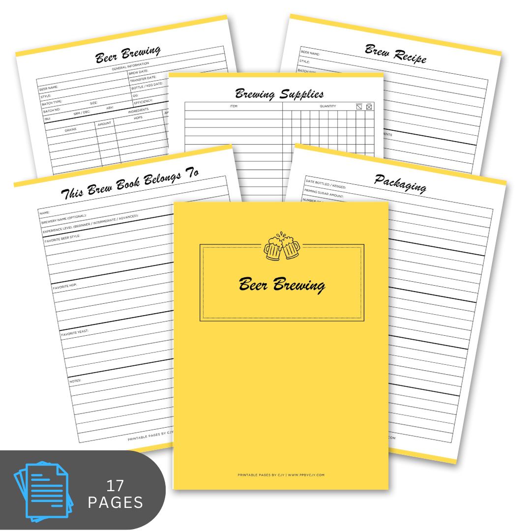 Yellow beer brewing notebook with printed pages on a white background