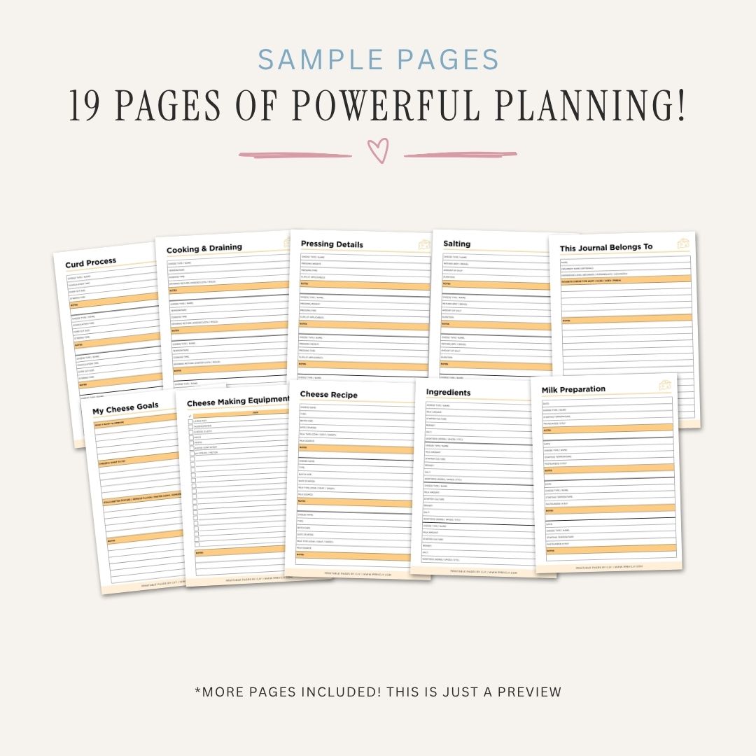 Cheese Making Planner printable cheesemaking recipe tracker and aging log bundle for homemade cheese production
