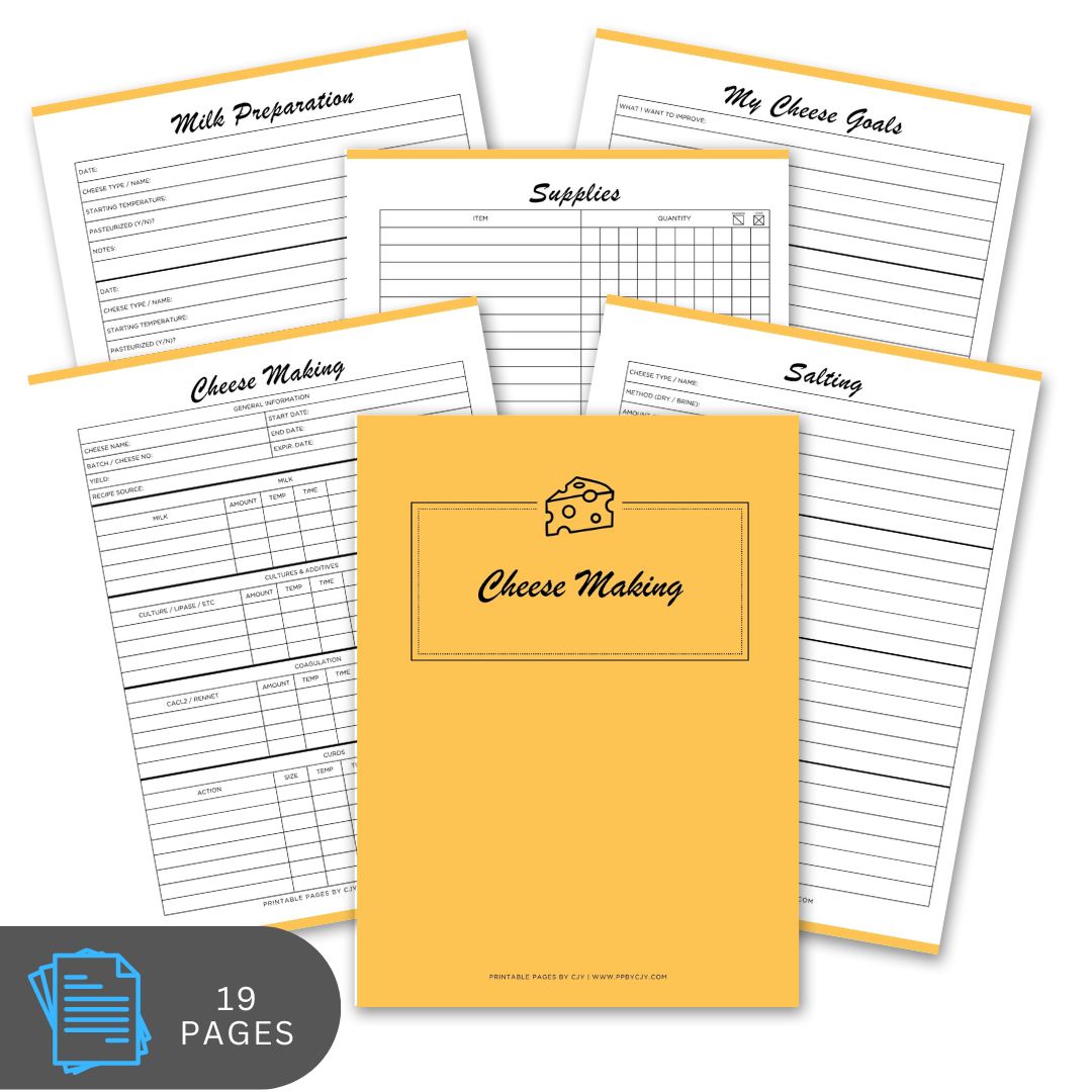 Cheese making planner with various pages on a white background