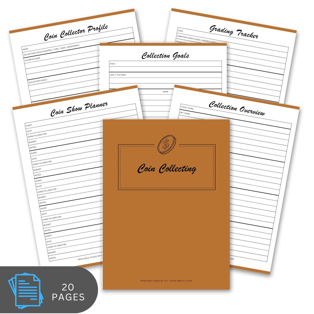 Collection of coin collecting planner pages with a brown cover on a white background.