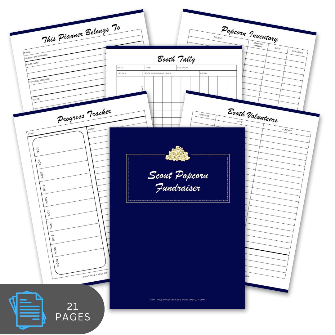 boy Scout Popcorn Fundraiser planner with various pages on a white background