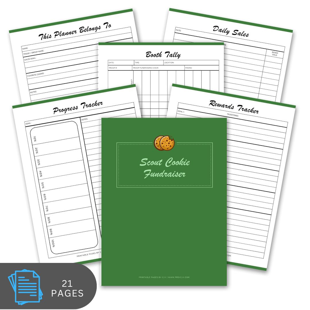 Green Girl Scout cookie fundraising planner with various pages on a white background