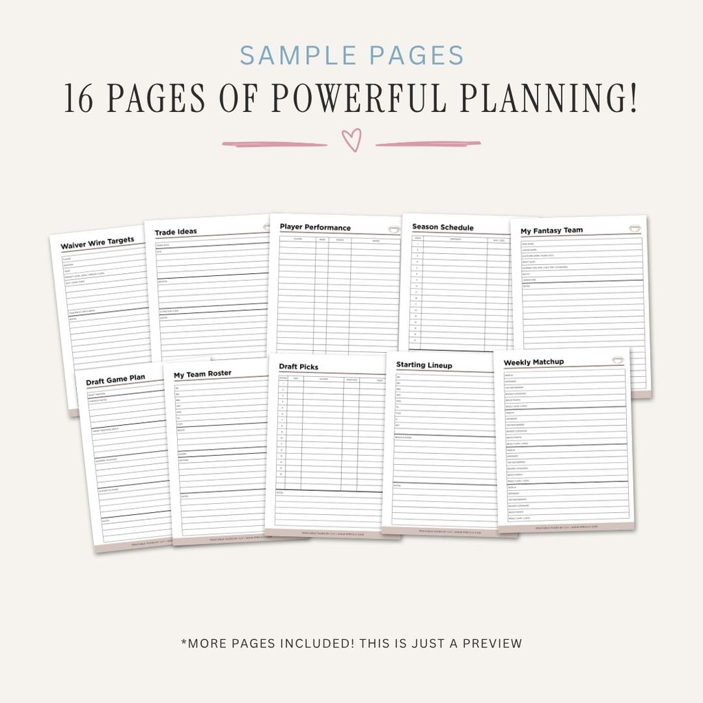 Fantasy Football Planner Draft Kit & League Tracker Bundle draft sample pages