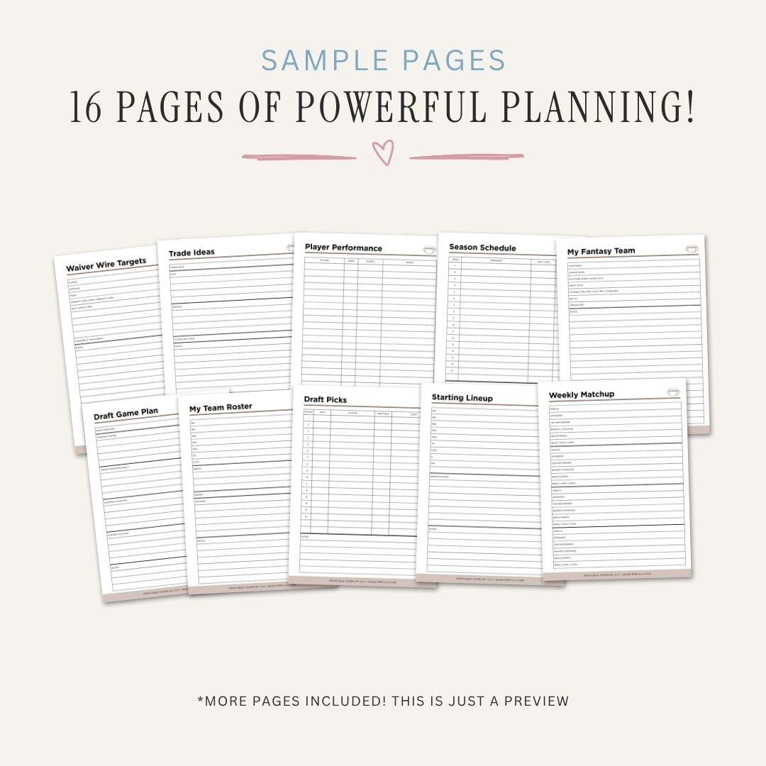 Fantasy Football Planner Draft Kit & League Tracker Bundle draft sample pages