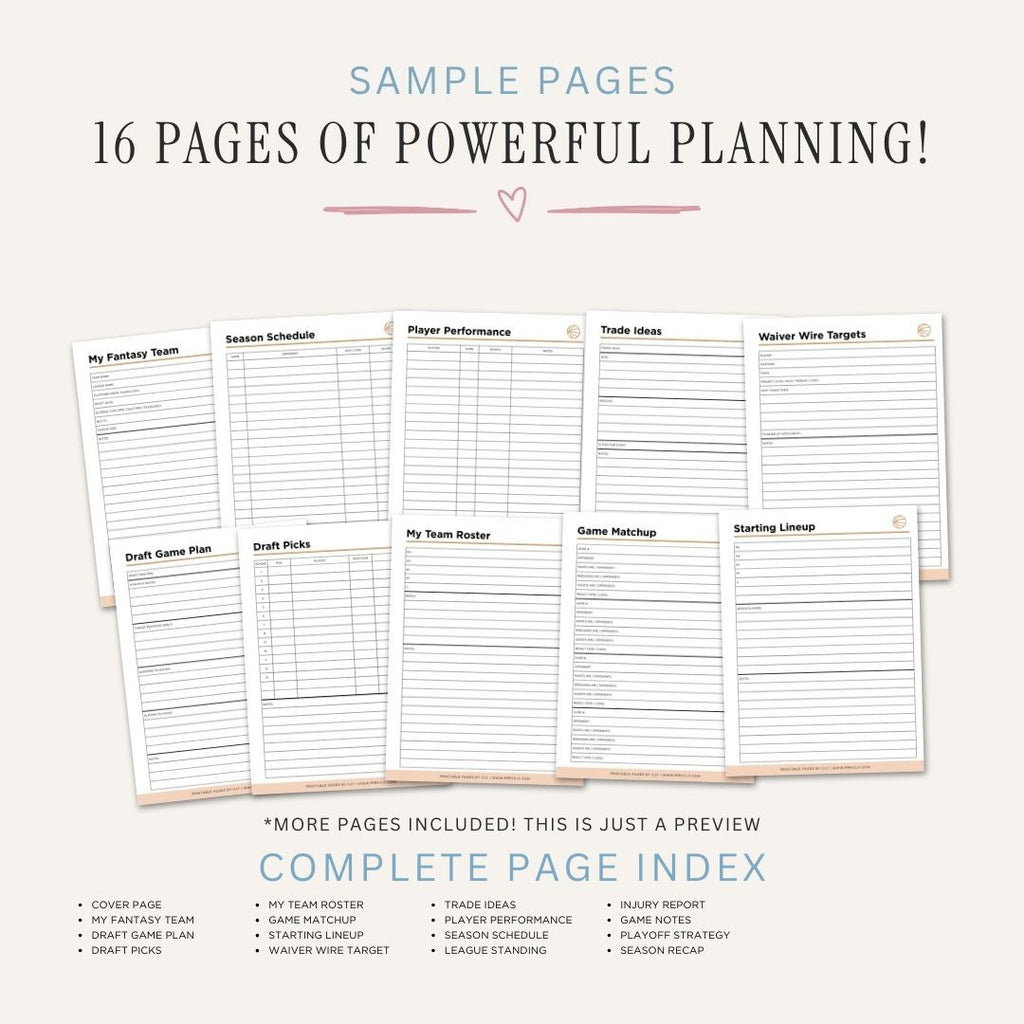 Fantasy Basketball Planner Draft Kit & League Tracker Bundle draft sample pages
