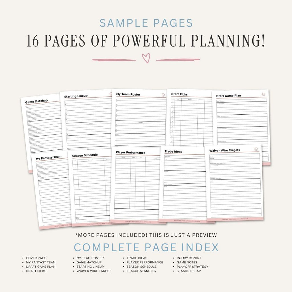 Fantasy Baseball Planner Draft Kit & League Tracker Bundle draft sample pages
