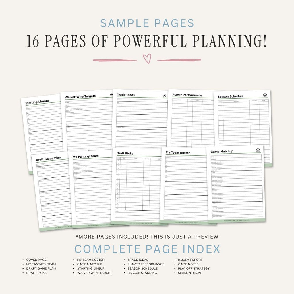 Fantasy Soccer Planner Draft Kit & League Tracker Bundle draft sample pages
