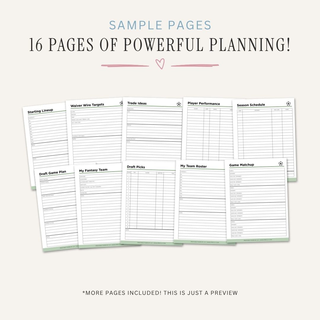 Fantasy Soccer Planner Draft Kit & League Tracker Bundle draft sample pages
