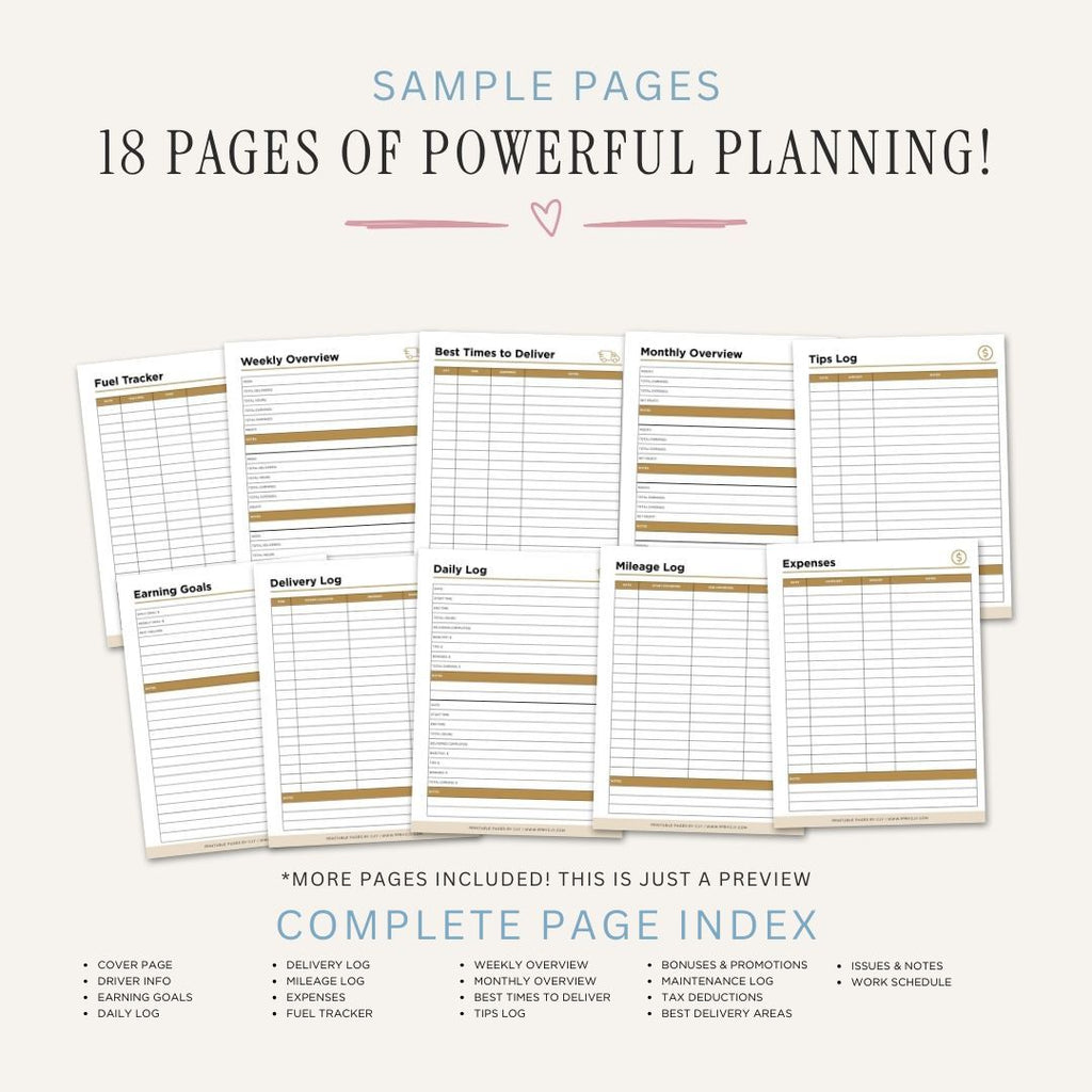 Delivery Driver Planner Route & Earnings Tracker Bundle sample pages
