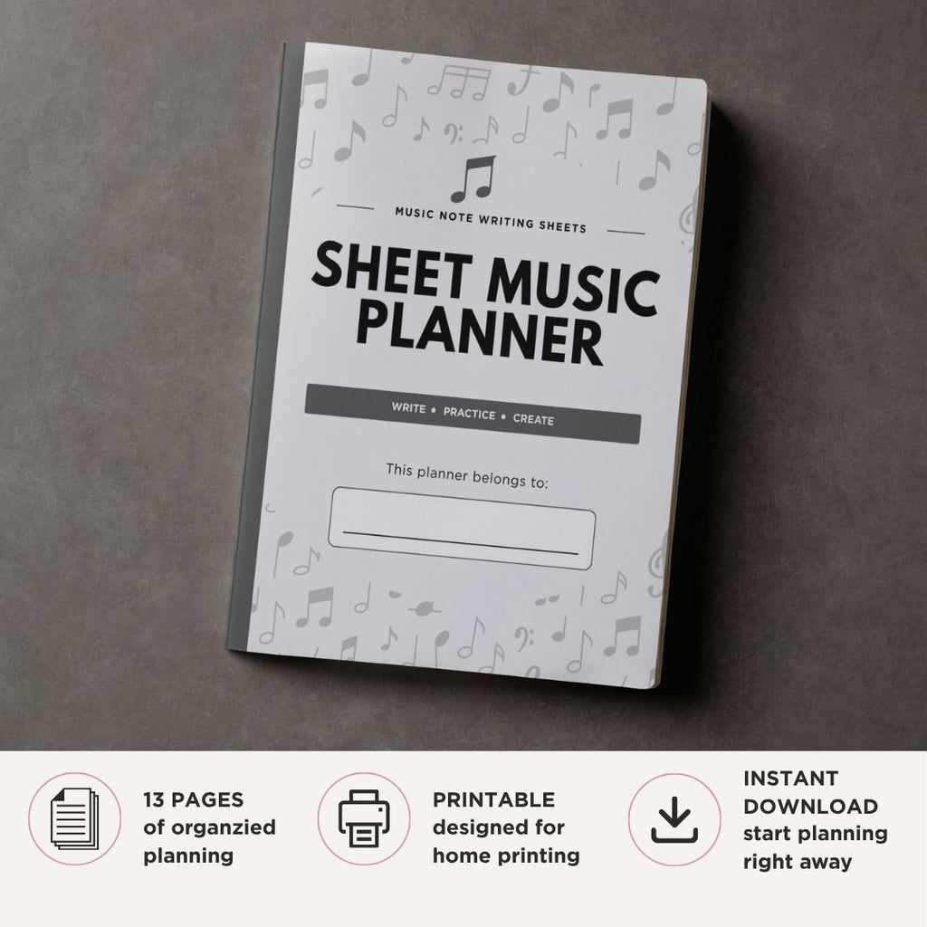 Blank Sheet Music Planner printable music writing pages with treble bass guitar piano and kids staff paper templates

