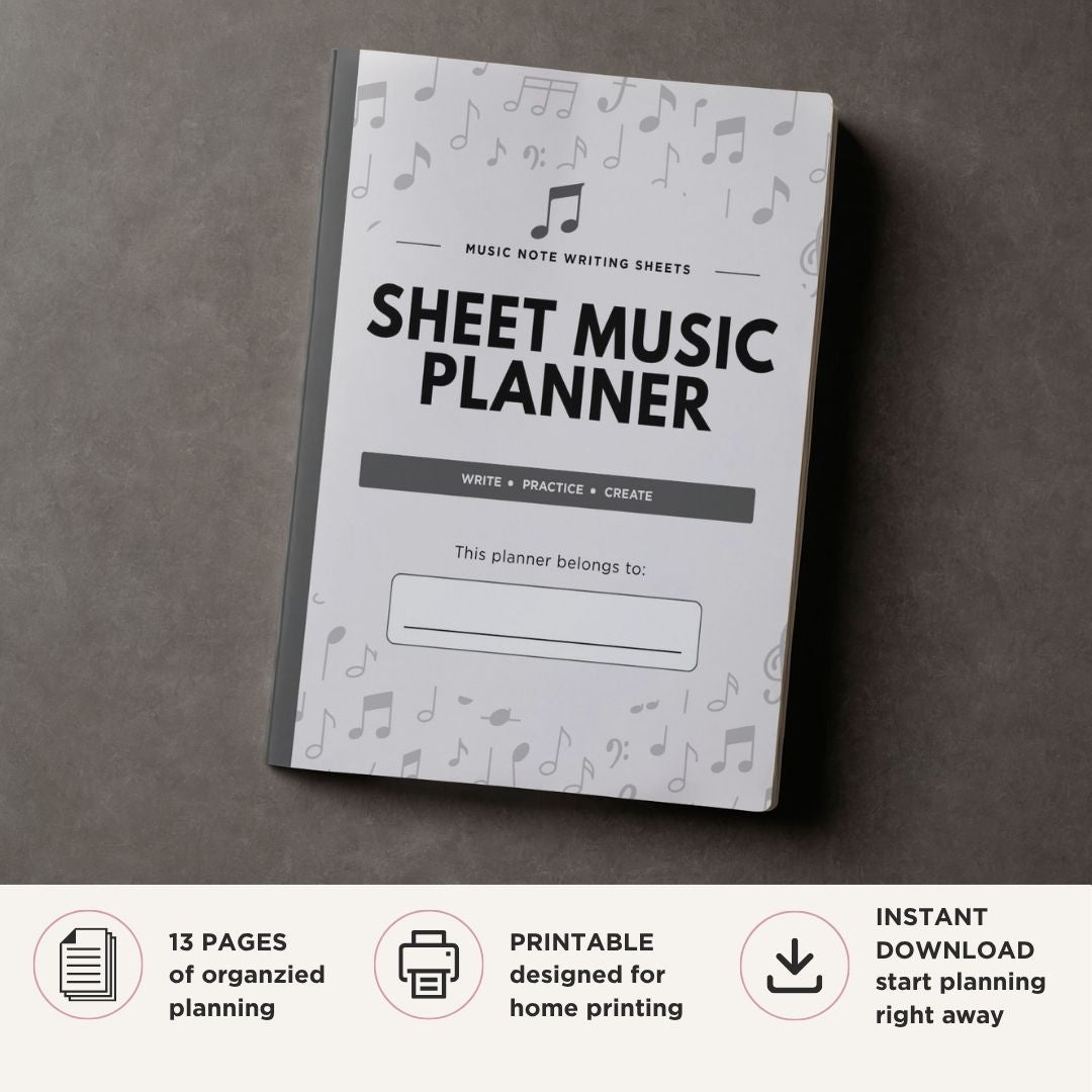 Blank Sheet Music Planner printable music writing pages with treble bass guitar piano and kids staff paper templates
