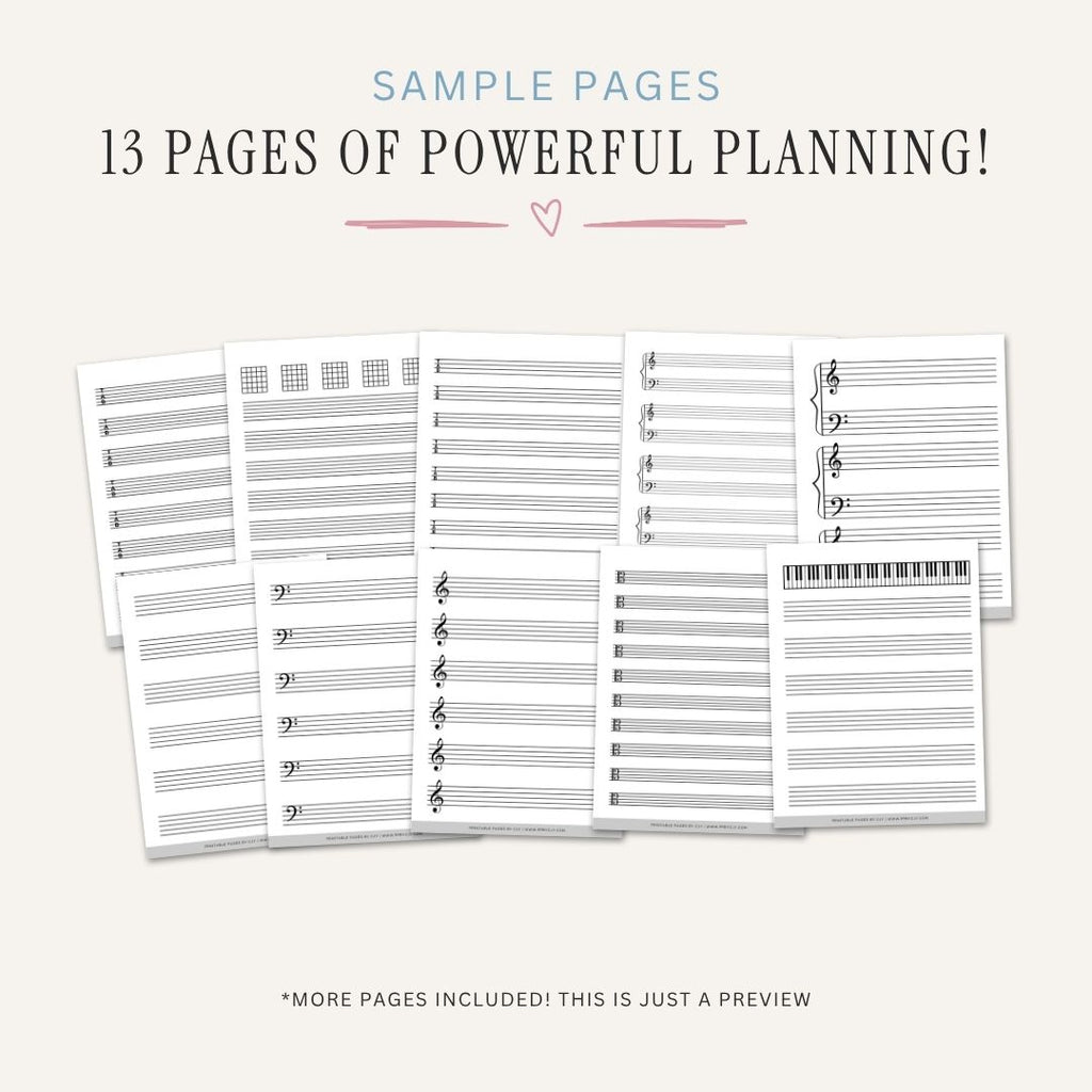 Blank Sheet Music Planner printable music writing pages with treble bass guitar piano and kids staff paper templates

