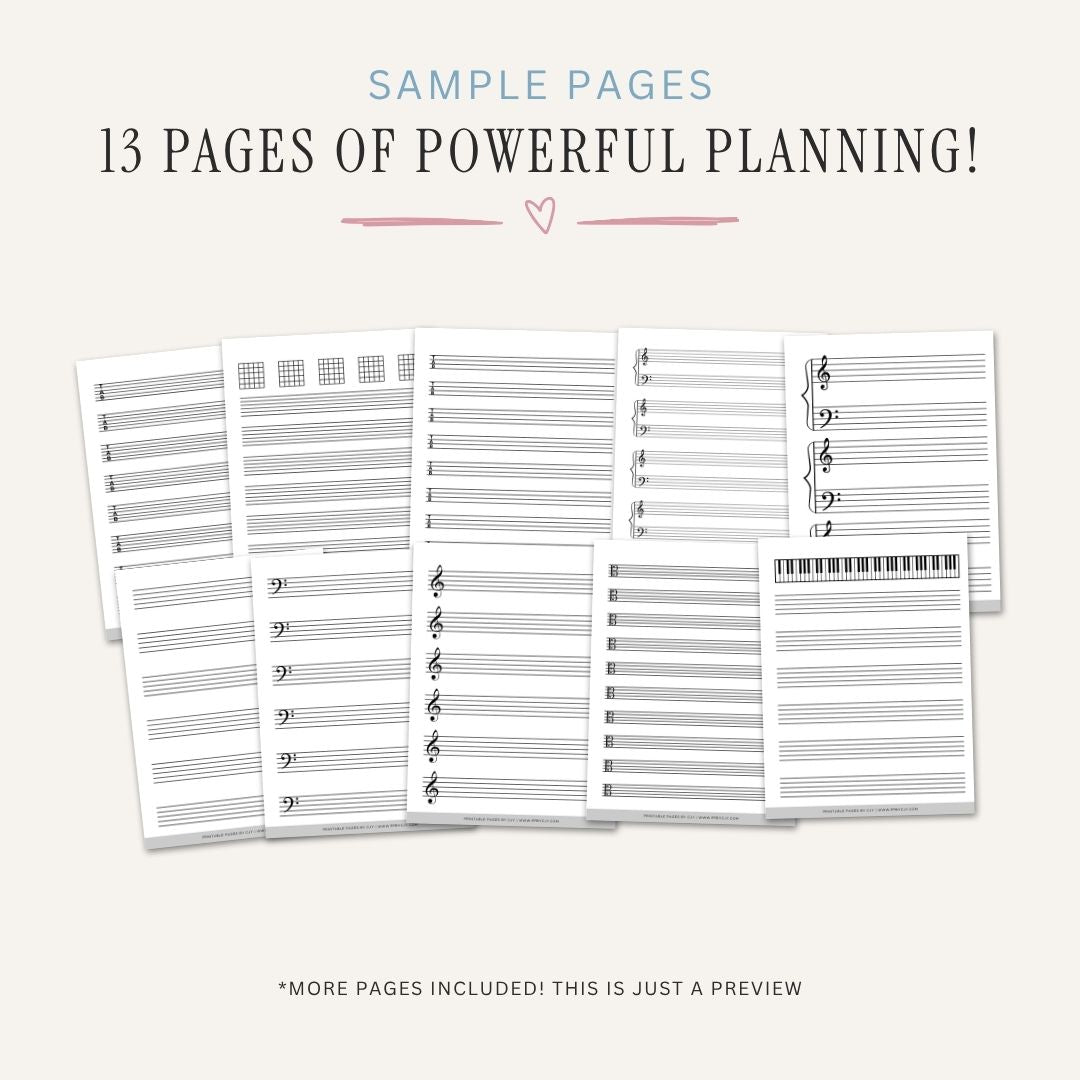 Blank Sheet Music Planner printable music writing pages with treble bass guitar piano and kids staff paper templates
